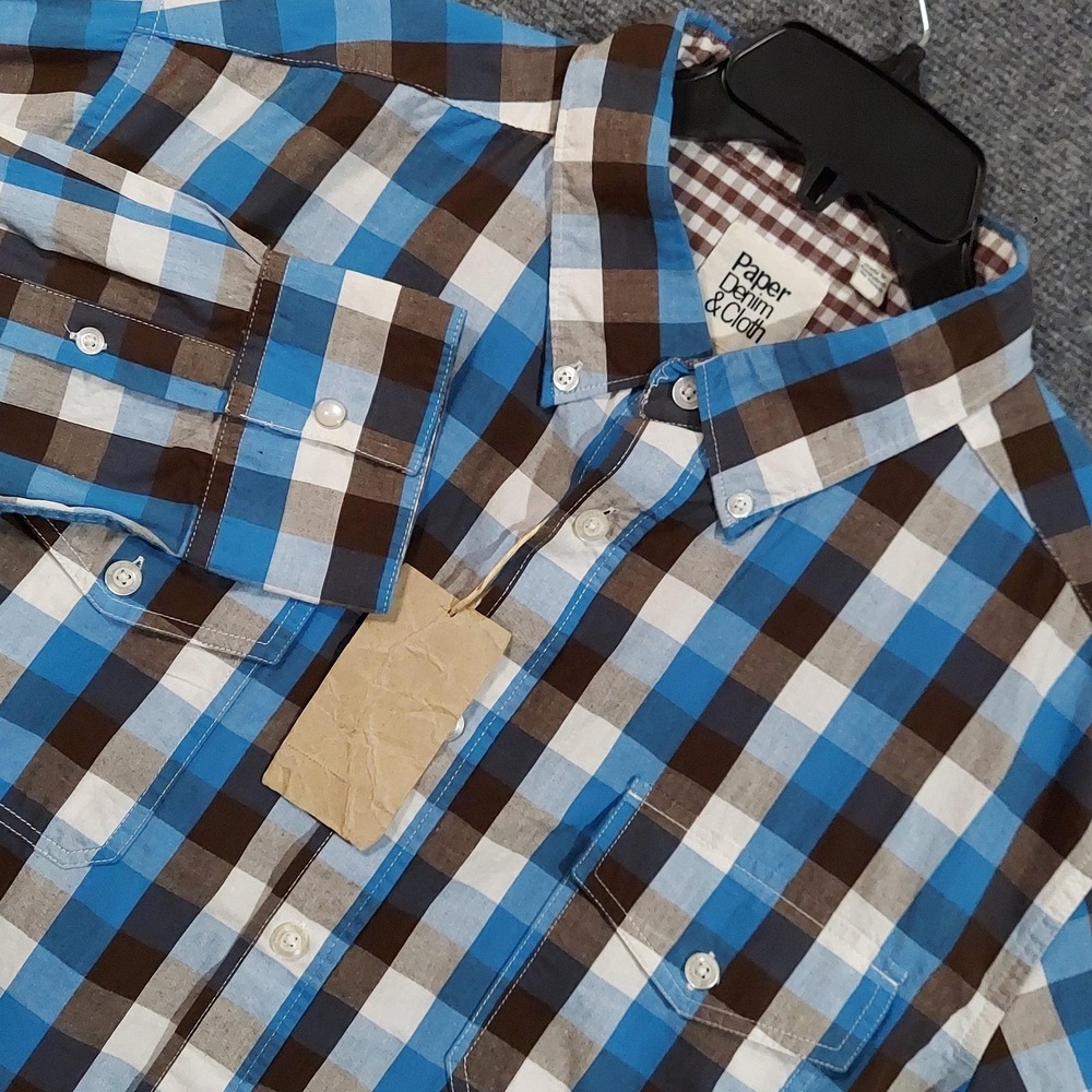 Paper Denim & Cloth Shirt Mens XL Blue Brown Plaid Button Down Long Sleeve Woven